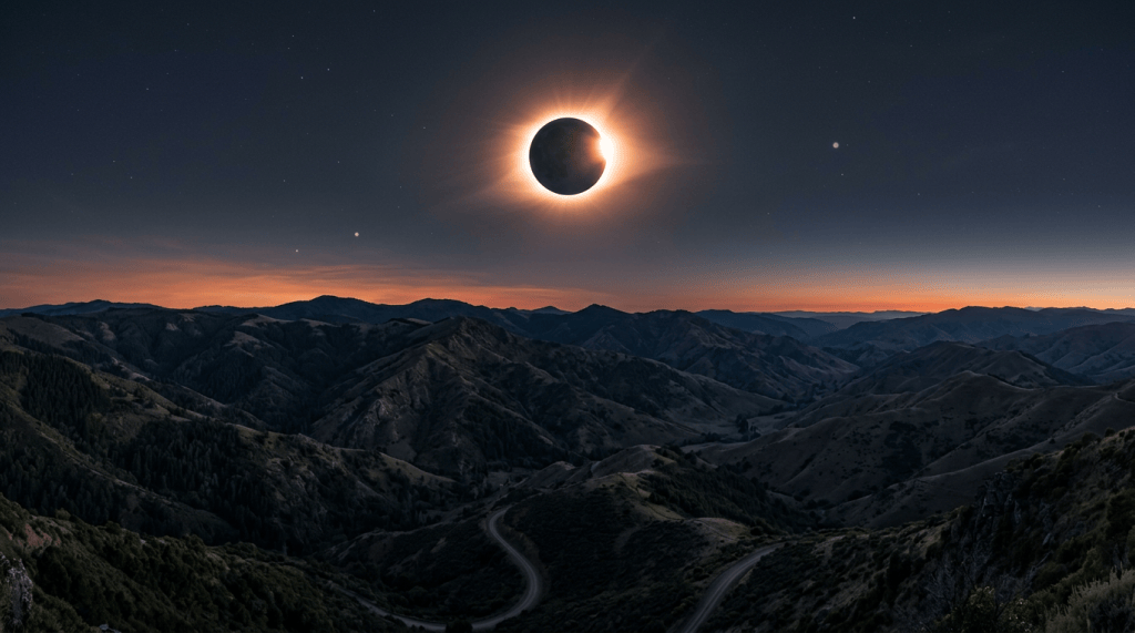 Total solar eclipse with glowing corona over dark mountains at dusk