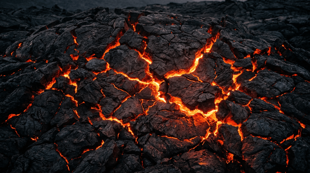 Dark volcanic rock with bright molten lava glowing through cracks