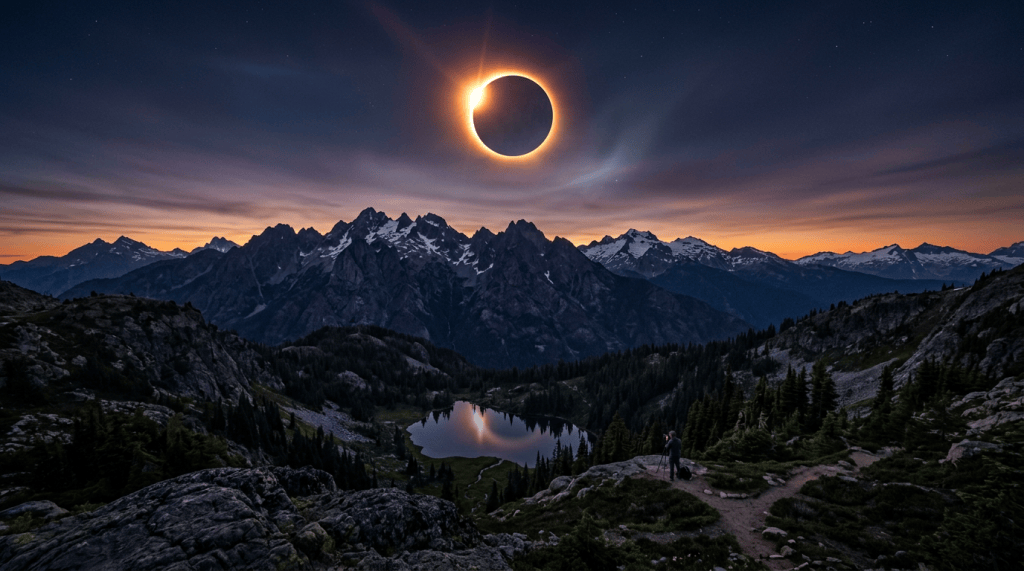 Solar eclipse with glowing corona above mountain range and reflective lake at twilight