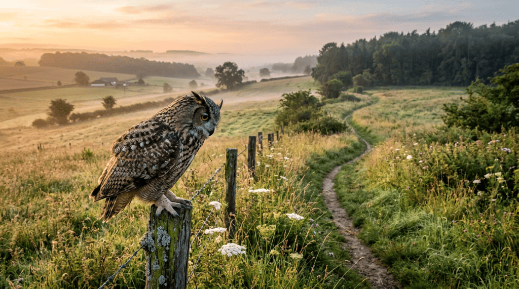 Owl perched on a fence post overlooking a misty countryside path