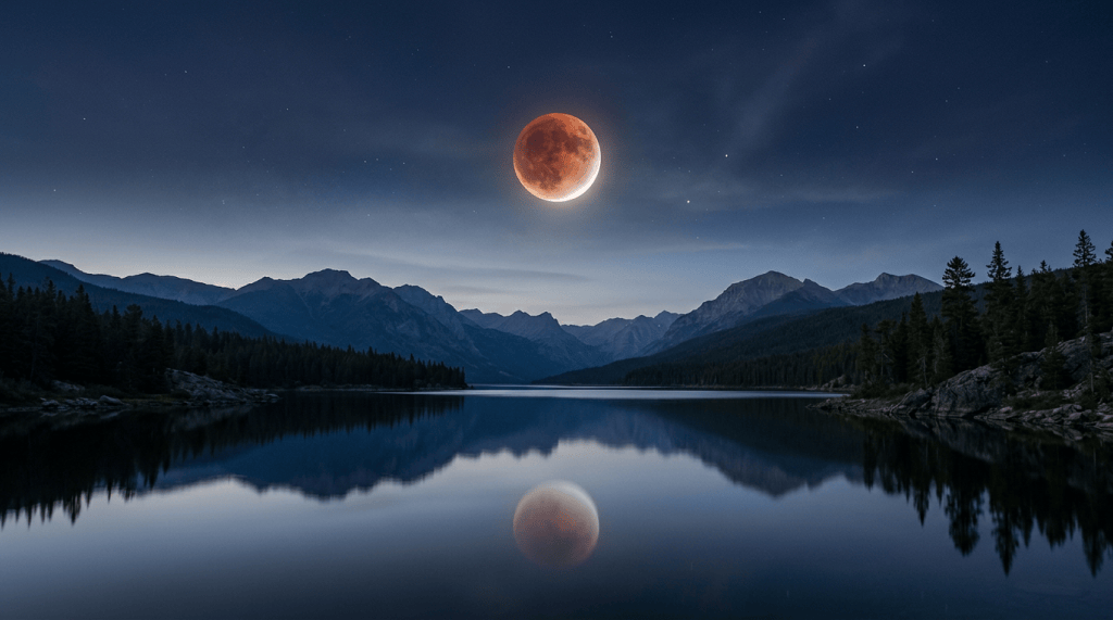Lunar eclipse above a mountain lake reflecting the moon and surrounding peaks