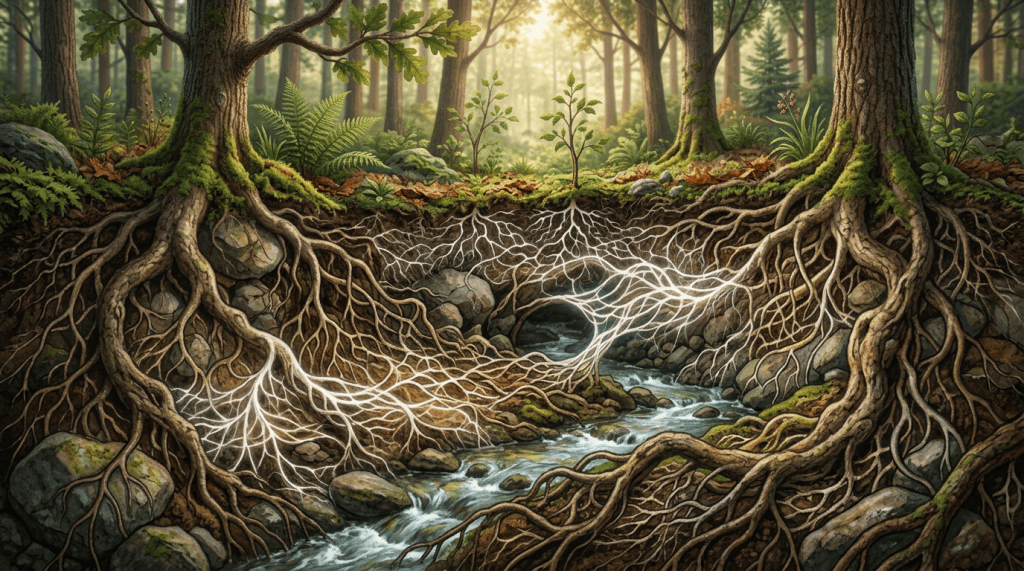 Illustrated forest cross-section with trees, intertwined roots, and underground stream