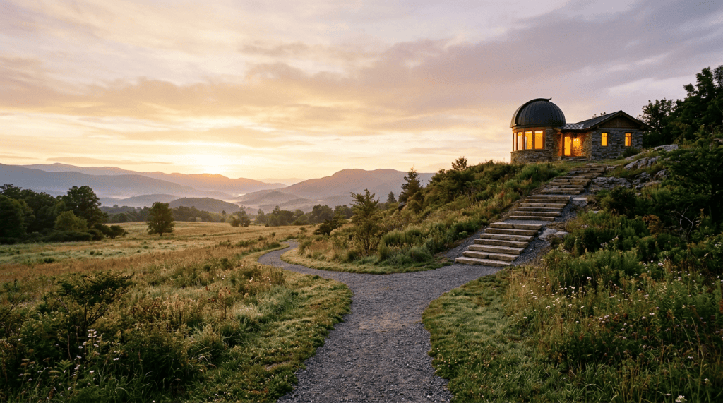 Stone observatory above a meadow with mountains at sunset