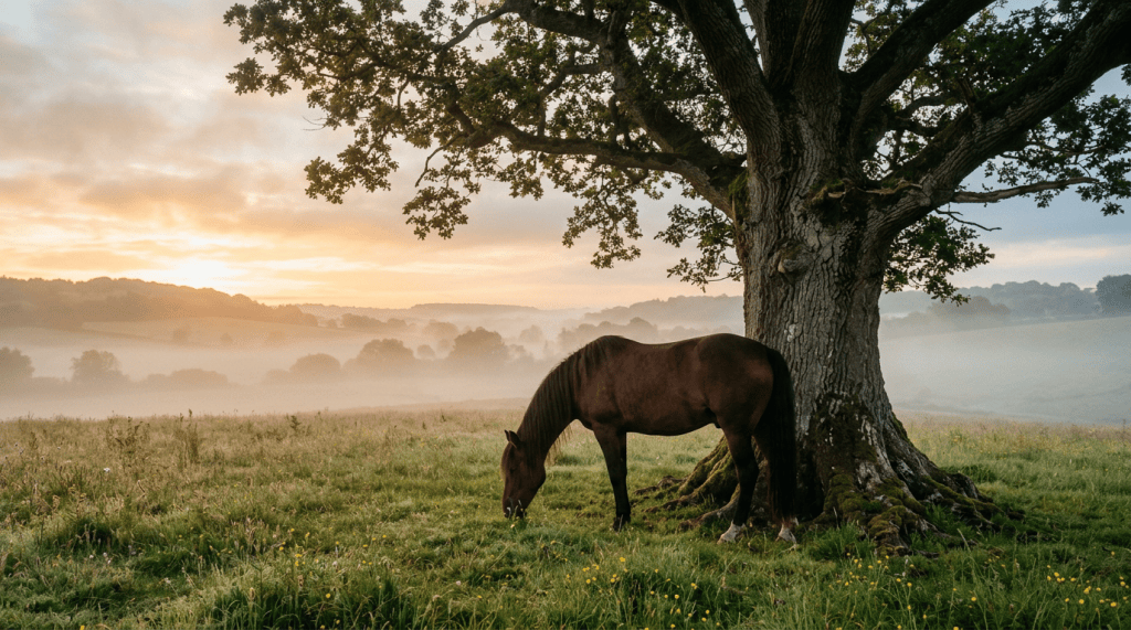 Dark horse grazing beneath a large oak tree in a misty meadow
