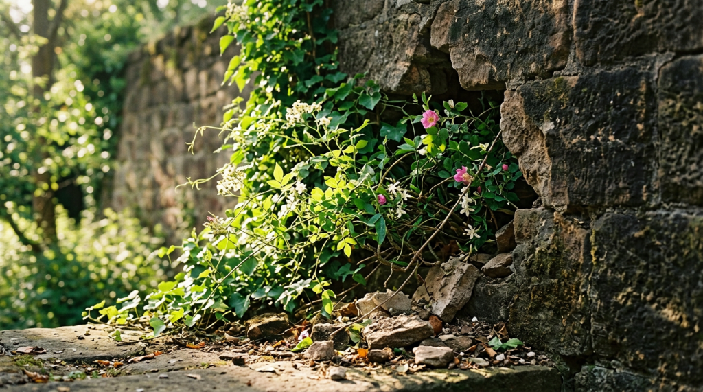 Wildflowers and ivy growing beside a weathered stone wall