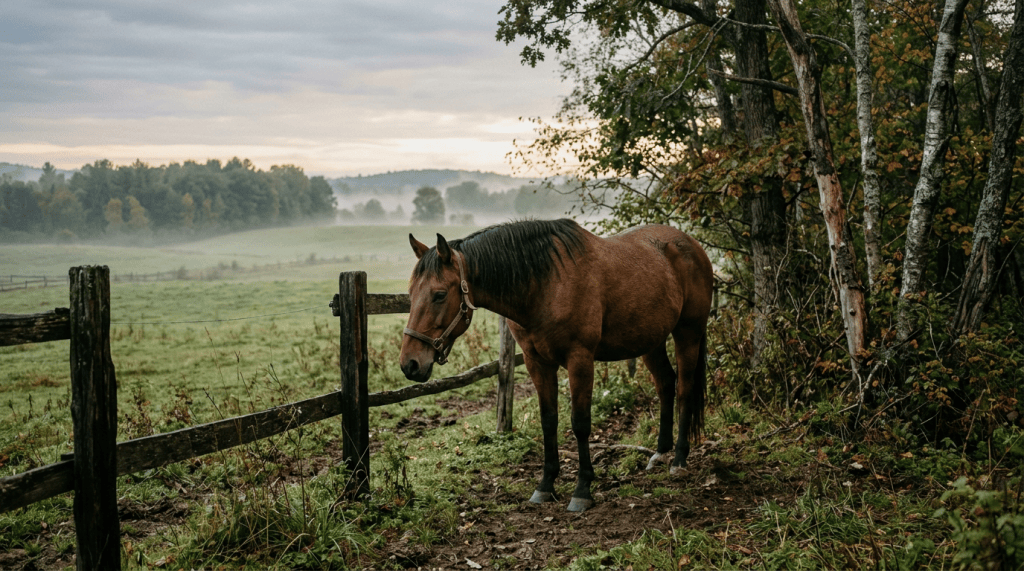 Brown horse standing beside a fence overlooking a misty pasture