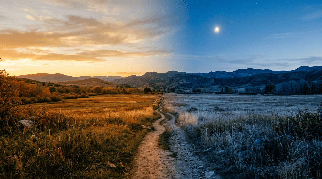 Winding trail through meadow toward mountains under sunset and moonlight