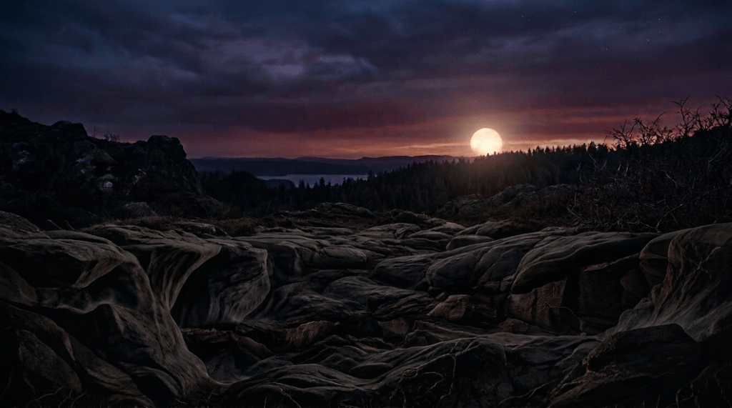 Moonlit forest above a glowing underground cavern with exposed tree roots