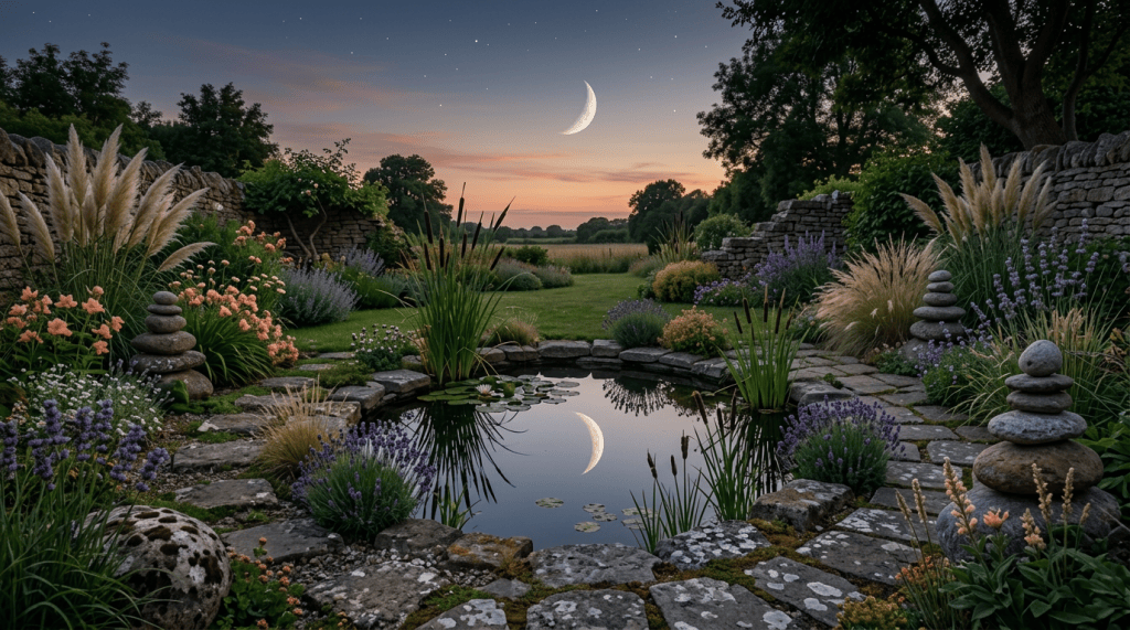 Watercolor garden pond reflecting a crescent moon, surrounded by plants and stacked stones